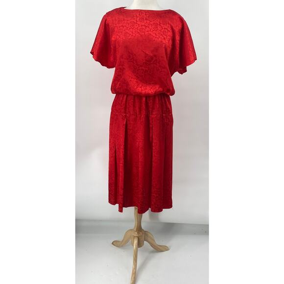 Vintage 80s Brocade Midi Dress Embossed Floral Pattern Blouson Pleated Red 10 - Picture 2 of 11